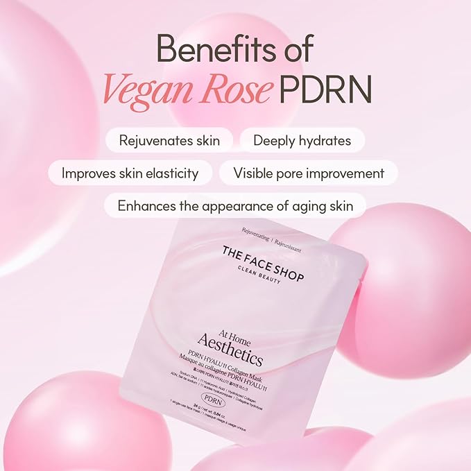 The Face Shop Rose PDRN Pink Collagen Face Mask, Korean Glass Skin Essential, Hyaluronic Acid for Moisturizing & Skin Elasticity, Firming, 4EA