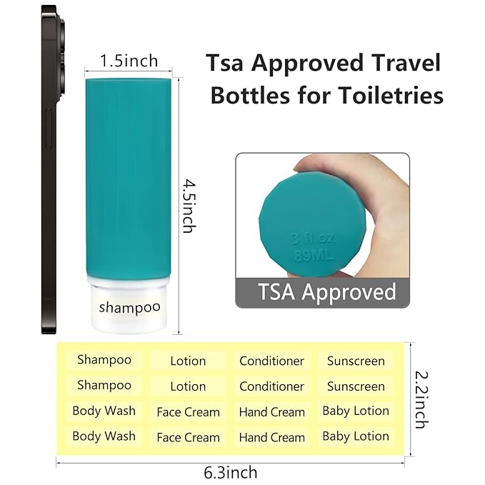 Travel Bottles - 4 Pack TSA Approved Leakproof Silicone Portable Refillable Containers for Shampoo, Conditioner, Body Lotion, Soap (3oz/89ml)