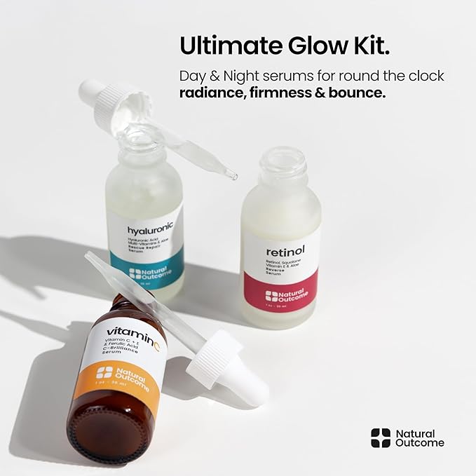 Natural Outcome Hyaluronic Acid, Vitamin C Face Serum and Retinol Facial Serum - Night and Day Anti Aging Facial Serum and Hydrating Serum Set 1 oz Each, Vegan, Cruelty Free & Fragrance Free