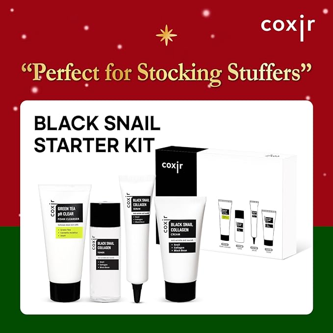 [Christmas Gift Set] coxir Black Snail Collagen Starter Kit – Cleanser, Toner, Serum & Cream | Repairing Snail Mucin Skincare Set, Hydrating Korean Beauty Routine for Women (4-Piece)