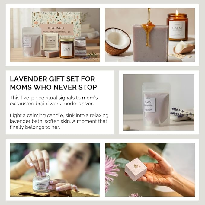 Relaxing Bath Gifts for Mom | Wind-Down Ritual with Lavender Candle, Bath Bomb, Soak, Body Butter, Oatmeal Soap Bar - Mom Birthday Gifts for Women, Self Care Package, Mother's Day Gifts