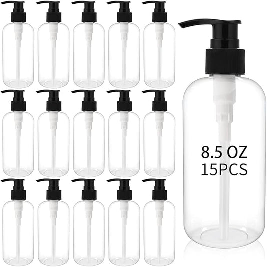 15 Pcs 8.5 oz Empty Pump Bottles, Clear Refillable Plastic Dispenser Bottles for Shampoo, Lotion, Hand Soap, Body Wash, Oil, Moisturizer, Travel Liquid Containers