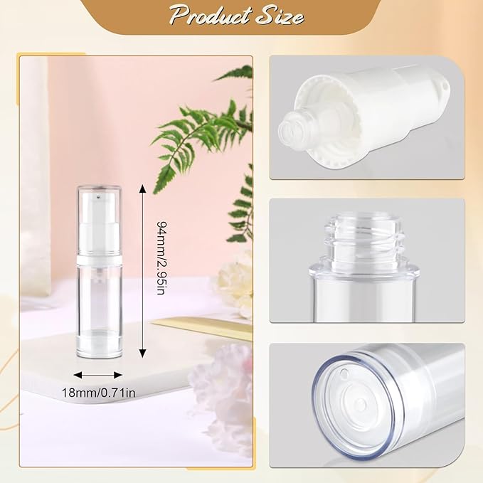 30Pcs 5ml Clear Vacuum Lotion Pump Bottles without Straw Empty Refillable Airless Cream Jars Mini Cosmetic Containers for Essense Foundation Gel Moisturiser,2 Pipettes,1 Funnel