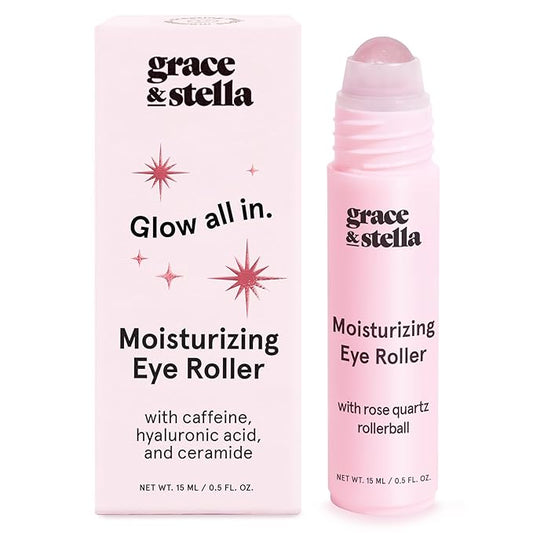 grace & stella Under Eye Brightener with Rose Quartz Rollerball - Hyaluronic Acid & Caffeine Eye Serum for Dark Circles and Puffiness - Travel Size Toiletries - Vegan Skincare (15ml / 0.51floz)