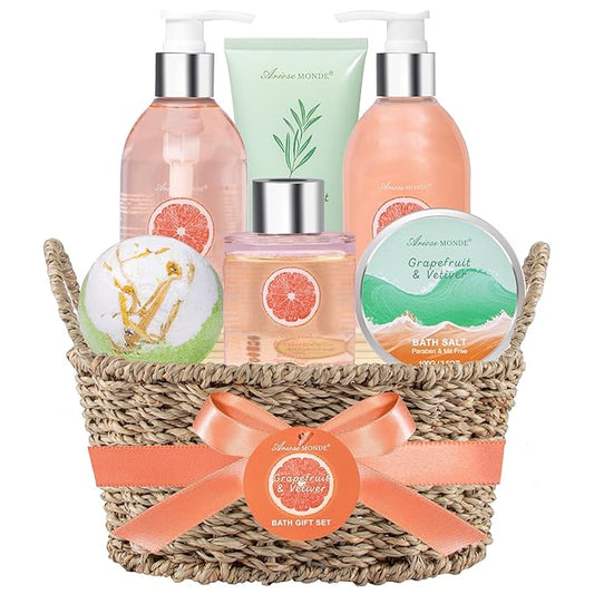 Gift Baskets for Women-7pc Bath Gift Set or Women, Relaxing And Uplifting Spa Gift Basket With Bath Bombs, Bath Salts, Shower Gel, Birthday Gifts for Her, Mother's Day Home Spa Relaxation Kit