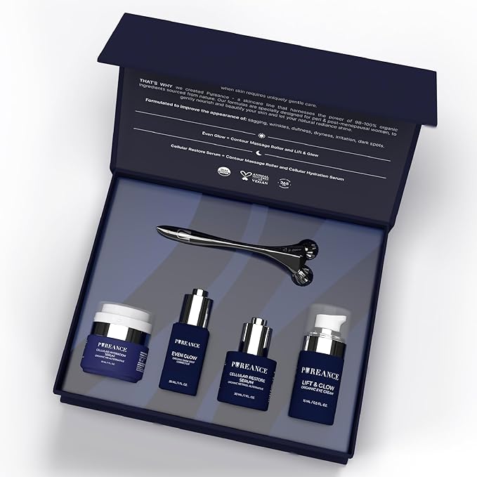 Pureance Mature Glow Gift Box - Beauty Skin Care Set for Women - Bakuchiol Plumping Serum, Dark Spot Corrector, Under Eye Cream, Hydrating Serum, Derma Roller - Facial Skincare Routine