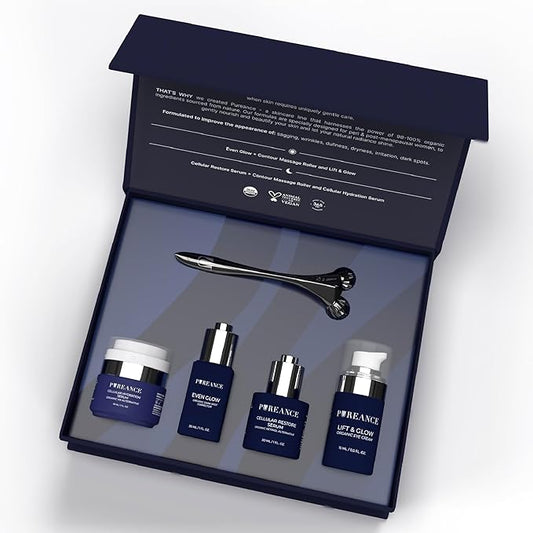 Pureance Mature Glow Gift Box - Beauty Skin Care Set for Women - Bakuchiol Plumping Serum, Dark Spot Corrector, Under Eye Cream, Hydrating Serum, Derma Roller - Facial Skincare Routine