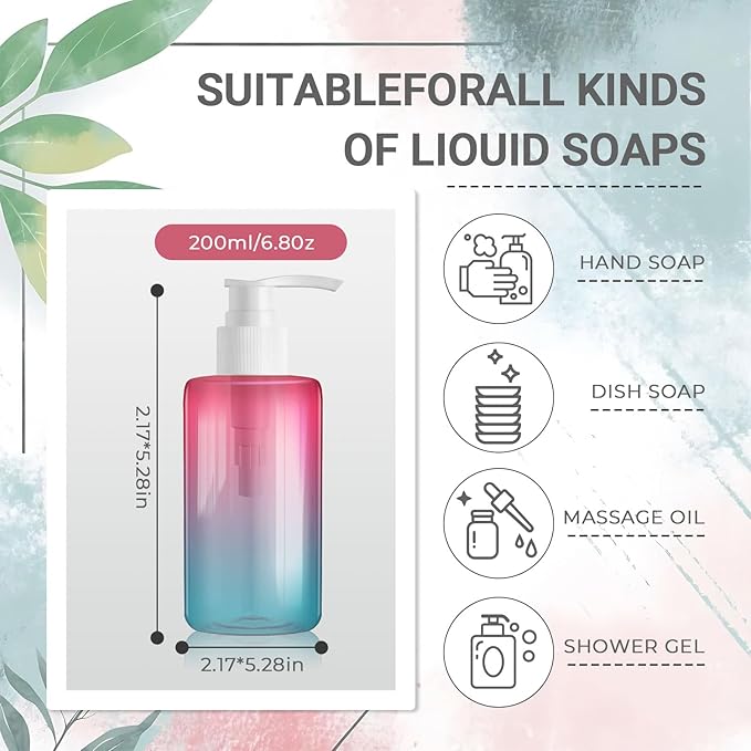 12 Pack 6.8 oz Refillable Pump Bottles - Empty Clear Gradient Color Plastic Dispensers for Lotion, Shampoo, Soap & Cream