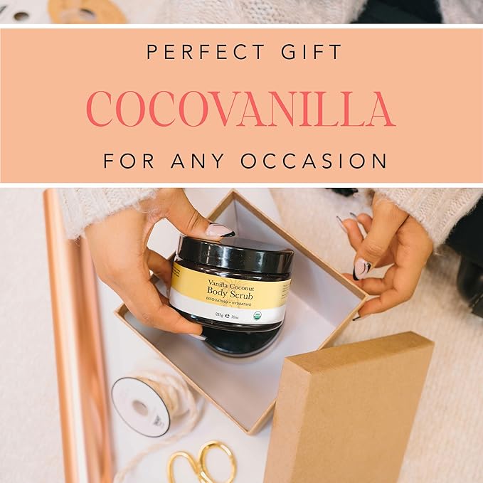 Organic Vanilla Coconut Body Scrub - USA Made Sugar Scrub with Natural Ingredients, Moisturizing Body & Foot Exfoliator for Dry and Sensitive Skin, Removes Dead Skin Cells & Reduces Ingrown Hair