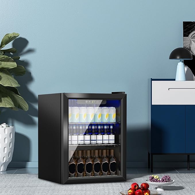 1.6 Cu.Ft Mini Fridge for 70 Cans, Small Beverage Refrigerator with Glass Door, Adjustable Shelves & Digital Display, Compact Drink Fridge for Bedroom, Office, Dorm, Bar, Under Counter Use