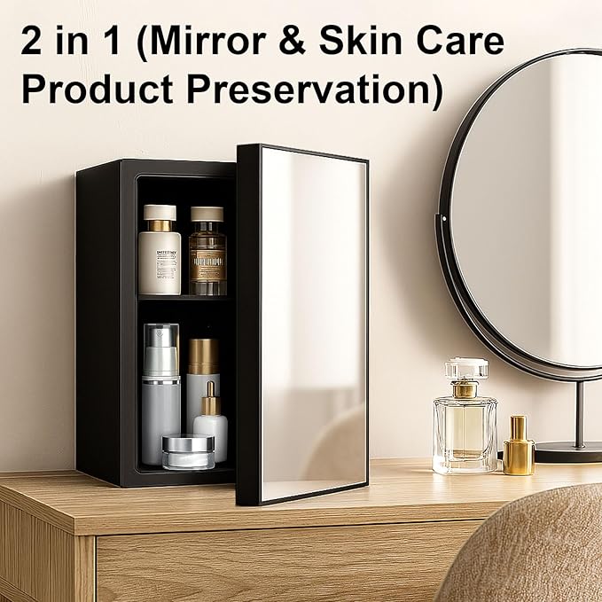 0.9 Cu.Ft Mini Refrigerator and Beauty Fridge, 24 Cans Mini Fridge with Mirror Door, Temperature Control, Removable Shelf, Compact Cooler for Bedroom, Dorm, Office, Beverage Beauty Storage