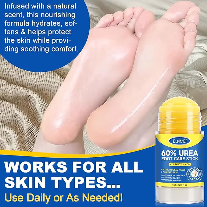 60% Urea Cream with 2% Salicylic Acid, Foot Repair Stick – Deep Moisturizing Callus Remover for Cracked Heels, Dry Feet, Elbows, and Hands – Non-Greasy, Hygienic Solid Stick