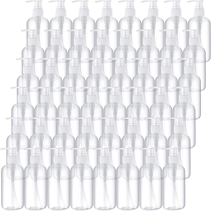 48 Pcs Pump Bottle Lotion Dispenser Refillable Shampoo Conditioner Hand Soap Dispenser Plastic Empty 8oz/250ml Clear Reusable Body Wash Container Bulk (Clear, White)
