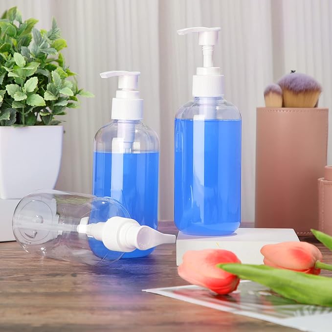 48 Pcs Pump Bottle Lotion Dispenser Refillable Shampoo Conditioner Hand Soap Dispenser Plastic Empty 8oz/250ml Clear Reusable Body Wash Container Bulk (Clear, White)