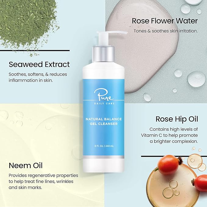 Pure Daily Care Natural Balance Gel Cleanser (8 Oz) - Gentle Refreshing Clinical-Grade Clean Beauty Daily Cleanser