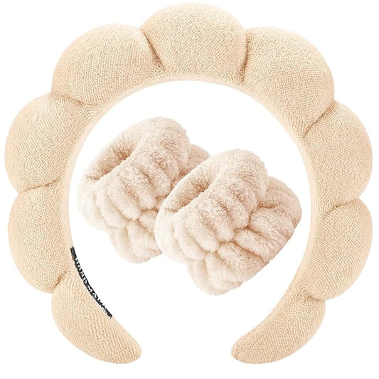 Zkptops Spa Headband for Women Sponge Makeup Skincare Headband Washing Face Wristband Set Terry Cloth Bubble Soft Get Ready Hairband Puffy Padded Headwear Non Slip Thick Hair Accessory(Beige)