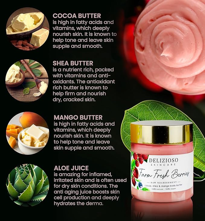 Farm Fresh Berries 100% Natural & Vegan Raw Nourishment Body Butter - Cocoa, Shea & Mango Butter - Rich, Quick Absorbing Moisturizer For Full Body, Hands & Feet - Handmade, Cruelty Free, with Organics