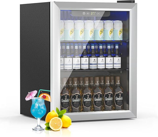 1.7 Cu.ft Beverage Refrigerator Cooler, 72 Cans Mini Fridge with Glass Reversible Door, Digital Temperature Display for Soda, Beer or Wine For Office or Bar with Removable Shelves
