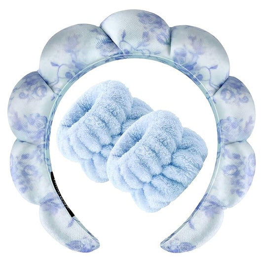 Zkptops Spa Headband for Washing Face Wristband Set Flower Sponge Makeup Skincare Velvet Fabric Bubble Soft Get Ready Hairband for Women Puffy Headwear Non Slip Thick Thin Hair Accessory(Blue Flowers)
