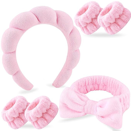 Zkptops 6Pcs Spa Headband for Washing Face Wristbands Set Women Bubble Skincare Makeup Sponge Terry Cloth Padded Puffy Headband Bow Tie Hairband Cute Non Slip Thick Hair Accessory Gifts(Pink)
