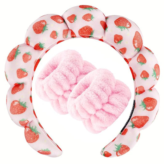 Zkptops Spa Headband for Washing Face Wristband Set Sponge Makeup Skincare Velvet Fabric Bubble Soft Get Ready Hairbands for Women Puffy Pink Headwear Non Slip Thick Thin Hair Accessory (Strawberries)