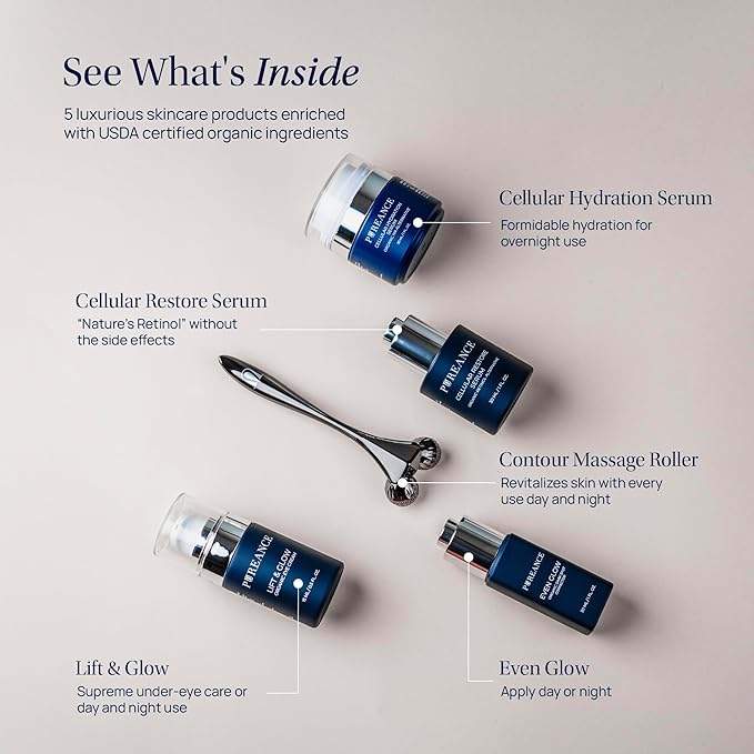 Pureance Mature Glow Gift Box - Beauty Skin Care Set for Women - Bakuchiol Plumping Serum, Dark Spot Corrector, Under Eye Cream, Hydrating Serum, Derma Roller - Facial Skincare Routine