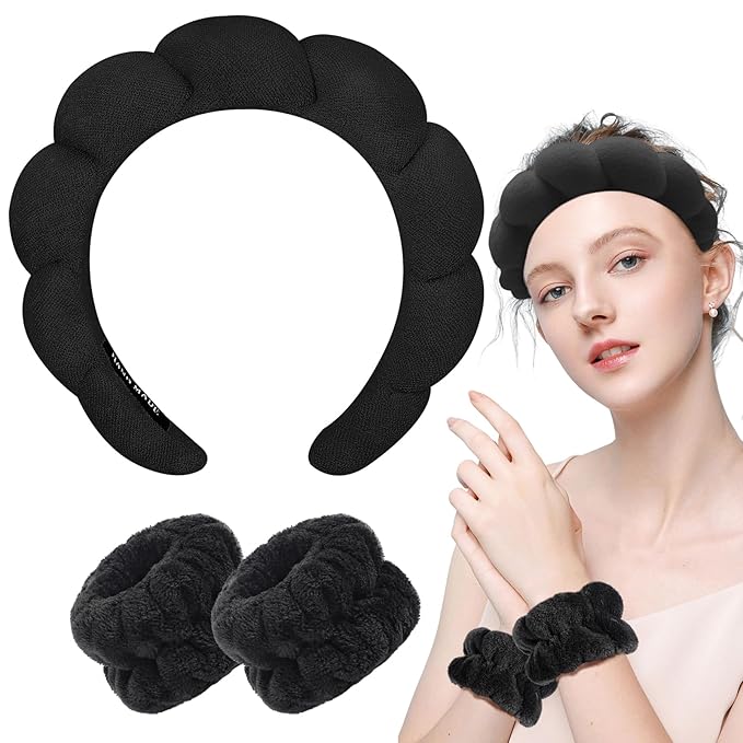 Zkptops Spa Headband for Washing Face Wristband Sponge Makeup Skincare Headband Terry Cloth Bubble Soft Get Ready Hairband for Women Girl Puffy Padded Headwear Non Slip Thick Hair Accessory(Black)