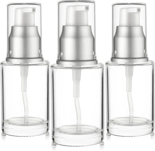 1 Oz 30ml Refillable Luxury Clear Glass Lotion Travel Pump Bottle with Silver Cap for Cosmetics, Lotion, Body Cream, Sanitizers, Cream, Foundation (Pack of 3)