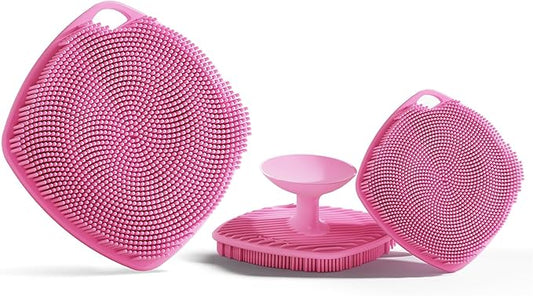 2 Pack Face Scrubbers, Silicone Body Scrubber Soft Bristles, Gentle Lather, Exfoliating & Deep Cleaning for Sensitive Skin, Giant Suction Cup Stick Securely (Body+ Face Scrubber Pink)