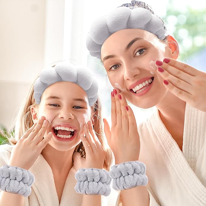 Zkptops Spa Headband for Washing Face Wristband Set Sponge Makeup Skincare Headband Terry Cloth Bubble Soft Get Ready Hairbands for Women Girl Puffy Padded Headwear Non Slip Thick Hair Accessory(Grey)