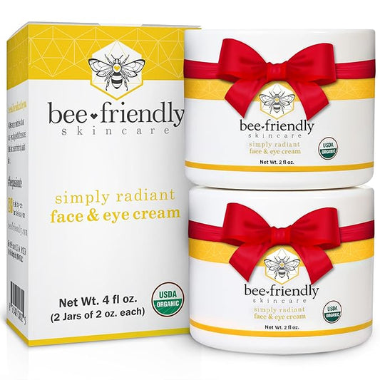 BeeFriendly Organic Face and Eye Cream, USDA Certified Organic Facial Moisturizer, All In One Natural Face, Eye, Neck, Decollete Cream Reduces Wrinkles & Lines, 4 oz - (2 Jars in a box)