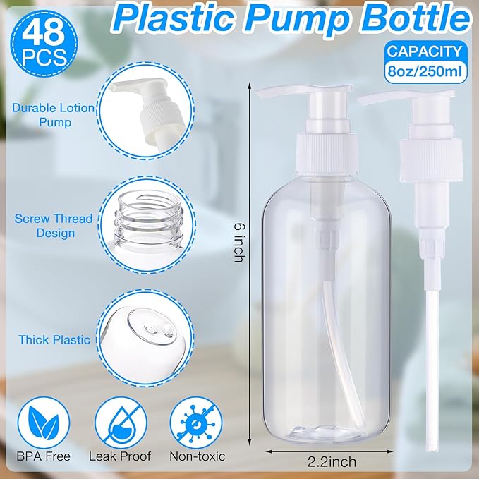 48 Pcs Pump Bottle Lotion Dispenser Refillable Shampoo Conditioner Hand Soap Dispenser Plastic Empty 8oz/250ml Clear Reusable Body Wash Container Bulk (Clear, White)