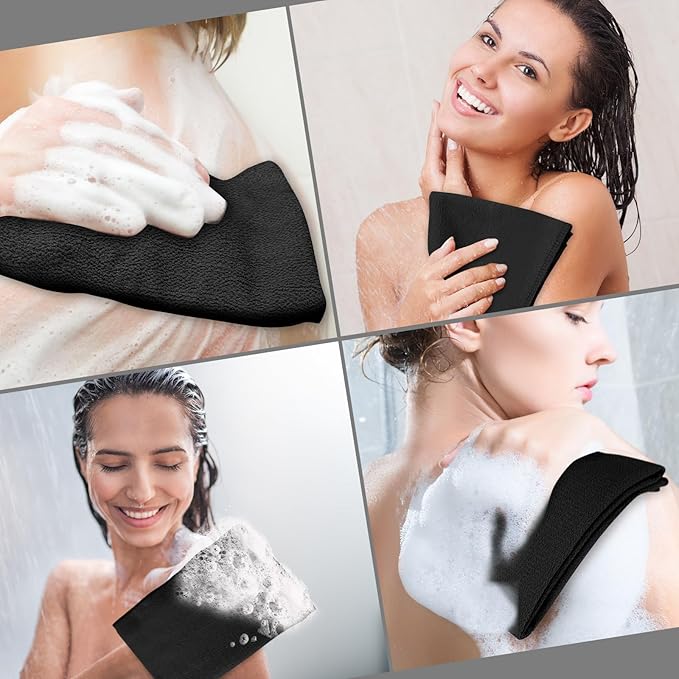 Tatuo 4 Pieces Korean Exfoliating Washcloth Body Back Scrubber Japanese Italy Exfoliating Cloth 35.5 Inch Long Bath Towel Washcloth Dead Skin Remover for Men Women(Black)