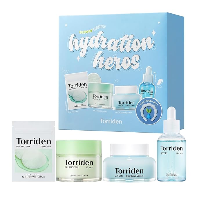 Torriden Softly Hydration Heroes Gift Set | DIVE IN HA Serum & Soothing Cream + BALANCEFUL Cica Cream & Toner Pad | Korean Skincare Set | Great Holiday & Christmas Stocking Stuffer Gift