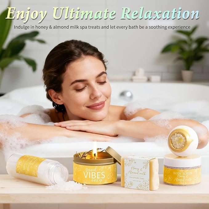Spa Gifts for Women Bath Gift Set, Honey & Almond Milk Relaxing Spa Gift Baskets Home Bath Self Care Kit Care Package Thank You Christmas Birthday Gifts for Women Mom Her Friends Sister Teen Girl Wife