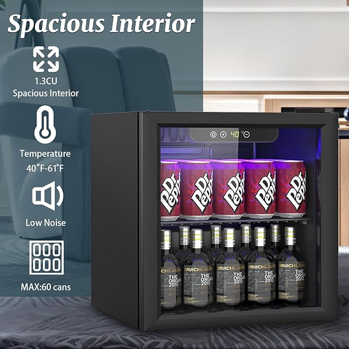 1.3 Cu.ft Beverage Refrigerator Cooler, 60 Cans Mini Fridge with Glass Door, and Temperature controllable switch for Soda, Beer or Wine For Office or Bar with Removable Shelves