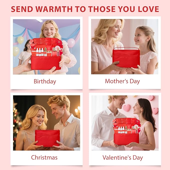 Christmas Gifts for Women, Red Rose 33 Pcs Spa Bath & Body Gift Set, Face Sheet Mask Skin Care, Hydrogel Mask, Lip Gloss, Cosmetic Bag, Face Serum, Necklace, Cleanser, Gua Sha, Mother Day, Birthday