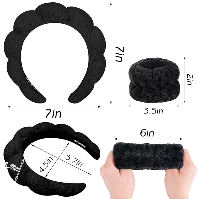 Zkptops 6Pcs Spa Headband for Washing Face Wristbands Set Women Bubble Skincare Makeup Sponge Terry Cloth Padded Puffy Headband Bow Tie Hairband Cute Non Slip Thick Hair Accessory Gifts(Black)