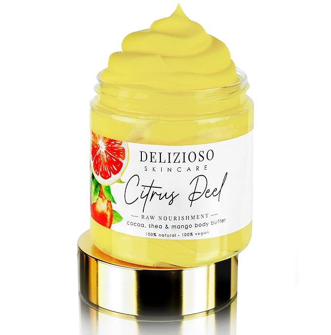 Citrus Peel 100% Natural & Vegan Raw Nourishment Body Butter - Cocoa, Shea & Mango Butter - Rich, Quick Absorbing Moisturizer For Full Body, Hands & Feet - Handmade, Cruelty Free, with Organics, Delizioso Skincare - 8 oz