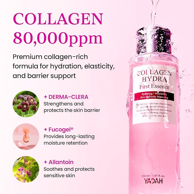 YADAH Collagen Hydra Essence – Deep Hydration, Soothing with 80,000ppm Collagen peptides and Triple Hyaluronic Acid, Centella Asiatica Extract, Niacinamide – 5.07 fl oz