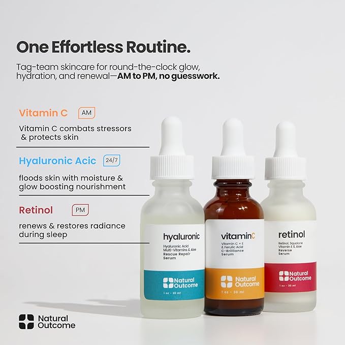 Natural Outcome Hyaluronic Acid, Vitamin C Face Serum and Retinol Facial Serum - Night and Day Anti Aging Facial Serum and Hydrating Serum Set 1 oz Each, Vegan, Cruelty Free & Fragrance Free