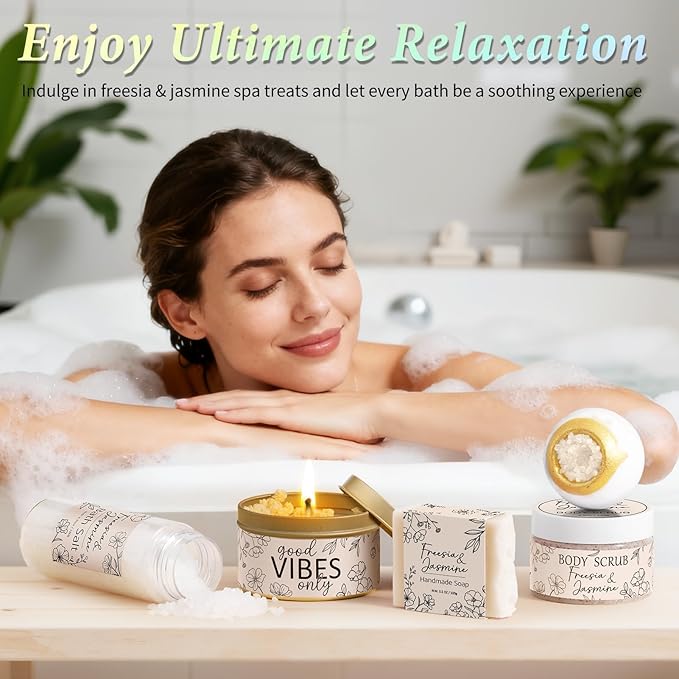 Spa Gifts for Women Bath Gift Set, Freesia & Jasmine Relaxing Spa Gift Basket Home Bath Set Self Care Kit Care Package Thank You Christmas Birthday Gifts for Women Mom Her Friend Sister Teen Girl Wife