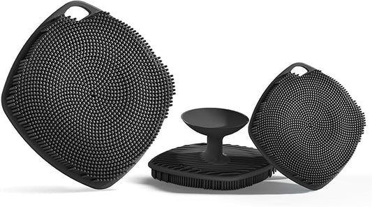 2 Pack Face Scrubbers, Silicone Body Scrubber Soft Bristles, Gentle Lather, Exfoliating & Deep Cleaning for Sensitive Skin, Giant Suction Cup Stick Securely (Body + Face Scrubber Black)