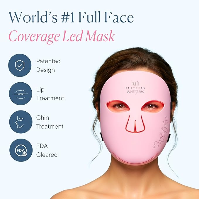 VogueNow LED Light Therapy Mask - FDA-Cleared Device for Wrinkles & Acne - Red Light Therapy for Face - Chin & Lip Coverage - Red Blue & Near Infrared Facial Skincare Device, Christmas Gifts for Women