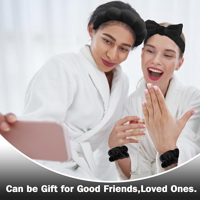 Zkptops 6Pcs Spa Headband for Washing Face Wristbands Set Women Bubble Skincare Makeup Sponge Terry Cloth Padded Puffy Headband Bow Tie Hairband Cute Non Slip Thick Hair Accessory Gifts(Black)