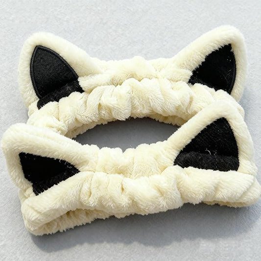 2 Packs Cat Ears Headband Creamy White Coral Fleece Hairband Cute Headbands for Washing Face Spa Makeup Shower Skincare Kawaii Facial Headbands Gifts for Woman Girls