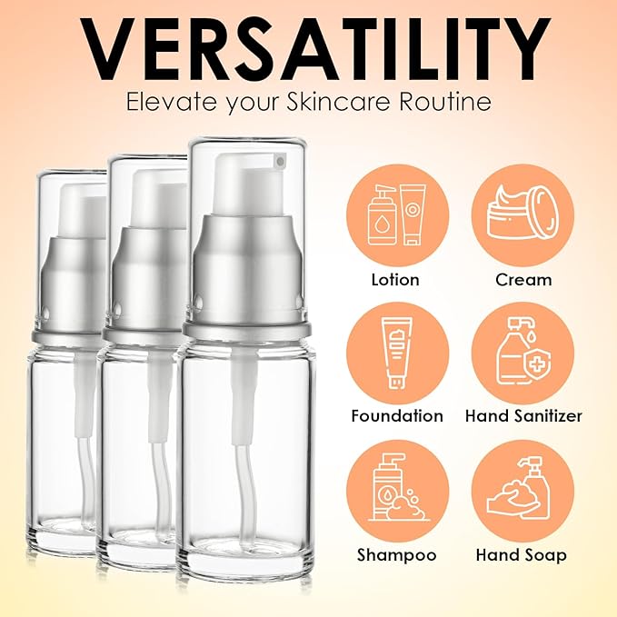 0.5 Oz 15ml Refillable Luxury Clear Glass Lotion Travel Pump Bottle with Silver Cap for Cosmetics, Lotion, Body Cream, Sanitizers, Cream, Foundation (Pack of 3)