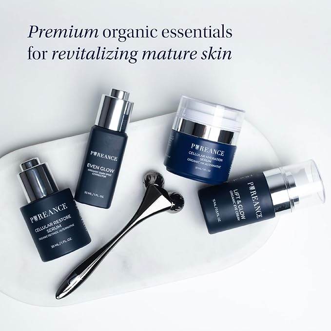 Pureance Mature Glow Gift Box - Beauty Skin Care Set for Women - Bakuchiol Plumping Serum, Dark Spot Corrector, Under Eye Cream, Hydrating Serum, Derma Roller - Facial Skincare Routine