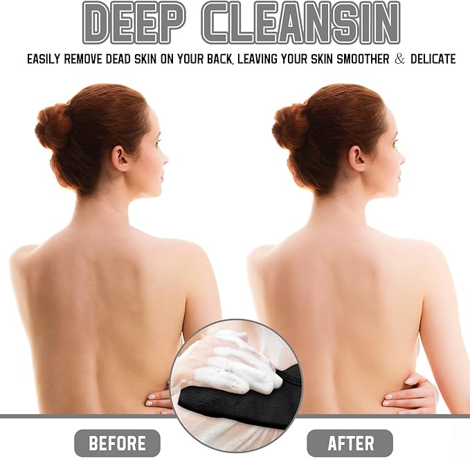 Tatuo 4 Pieces Korean Exfoliating Washcloth Body Back Scrubber Japanese Italy Exfoliating Cloth 35.5 Inch Long Bath Towel Washcloth Dead Skin Remover for Men Women(Black)