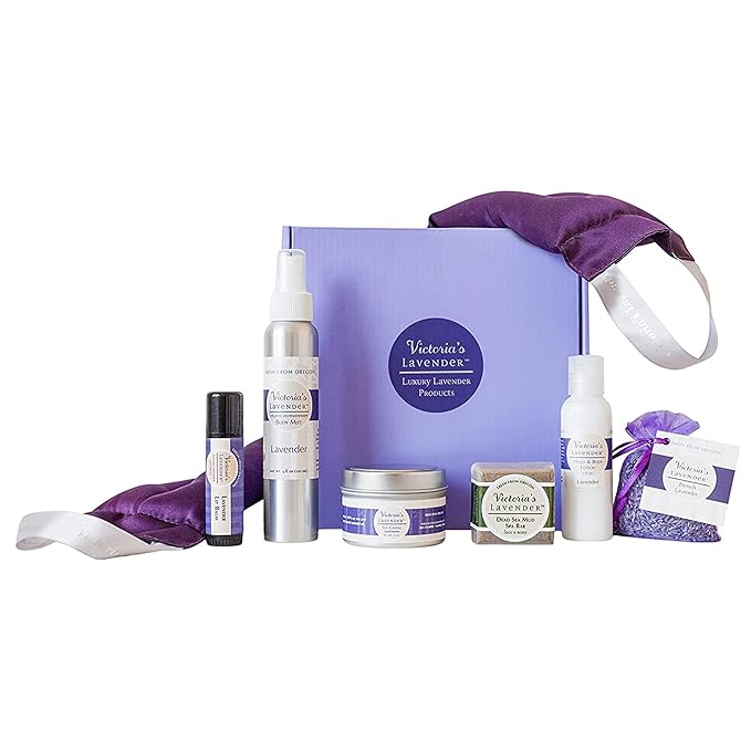 Victoria's Lavender Luxury Spa Gift Sets for Women - Neck Wrap, Body Mist, Body Lotion, Lip Balm, Soy Candle, Lavender Face Cream & Sachet, Made in USA Self Care Kit, Best Spa Kit for Women Gift Set